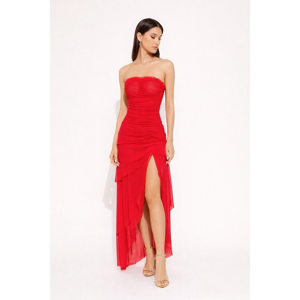 Fashion Nova Red Mesh Ruched Strapless Maxi Dress Slit Ruffle Size M NWT